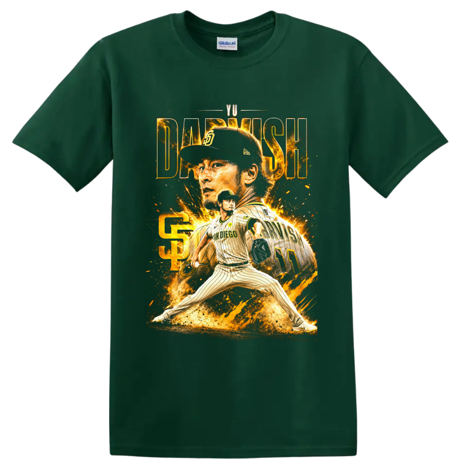 Yu Darvish Padres pitcher collage with gold sparks, action pose, and number 11 jersey on a Forest Green T Shirt
