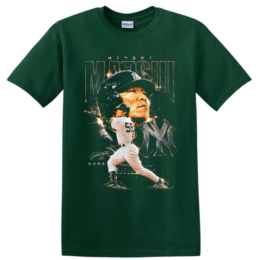 Hideki Matsui Yankees portrait and batting action in distressed baseball poster art on a Forest Green T Shirt