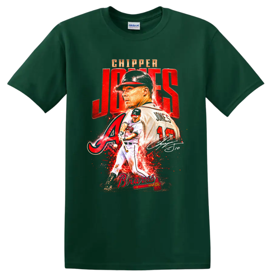 Chipper Jones Atlanta Braves portrait and batting action graphic with number 10 on a Forest Green T Shirt