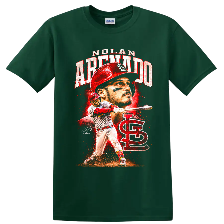 Nolan Arenado Cardinals batting portrait and action graphic with distressed red lettering on a Forest Green T Shirt