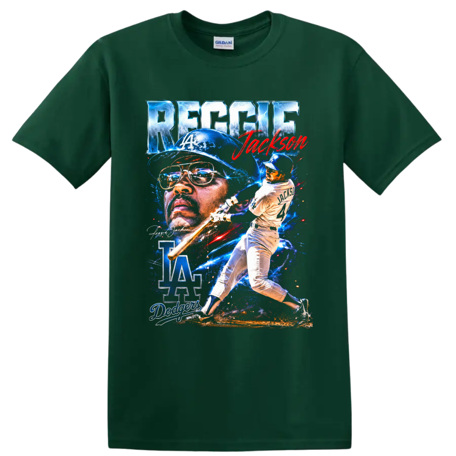 Reggie Jackson Dodgers portrait and batting collage with LA logo and number 14 on a Forest Green T Shirt