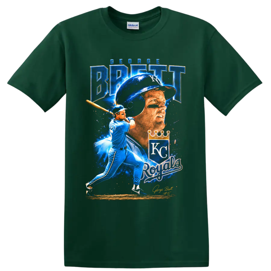 George Brett Kansas City Royals portrait and batting graphic with KC crown on a Forest Green T Shirt