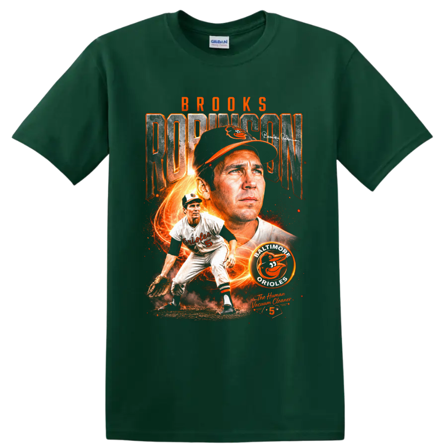 Brooks Robinson Baltimore Orioles vintage baseball collage with number 5 and fiery orange on a Forest Green T Shirt