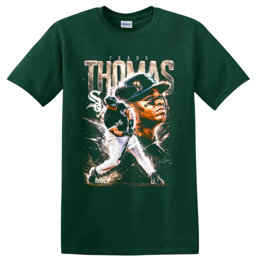 Frank Thomas Chicago White Sox portrait and batting action baseball collage graphic on a Forest Green T Shirt