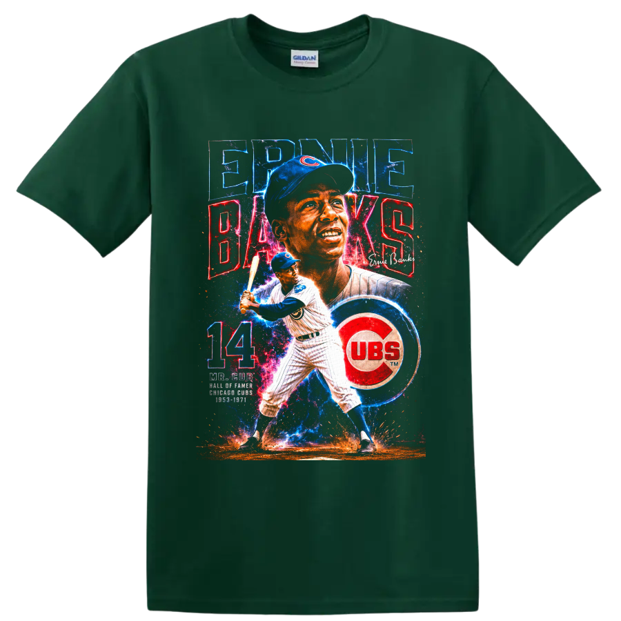 Ernie Banks Chicago Cubs Mr. Cub portrait and batting graphic with number 14 on a Forest Green T Shirt