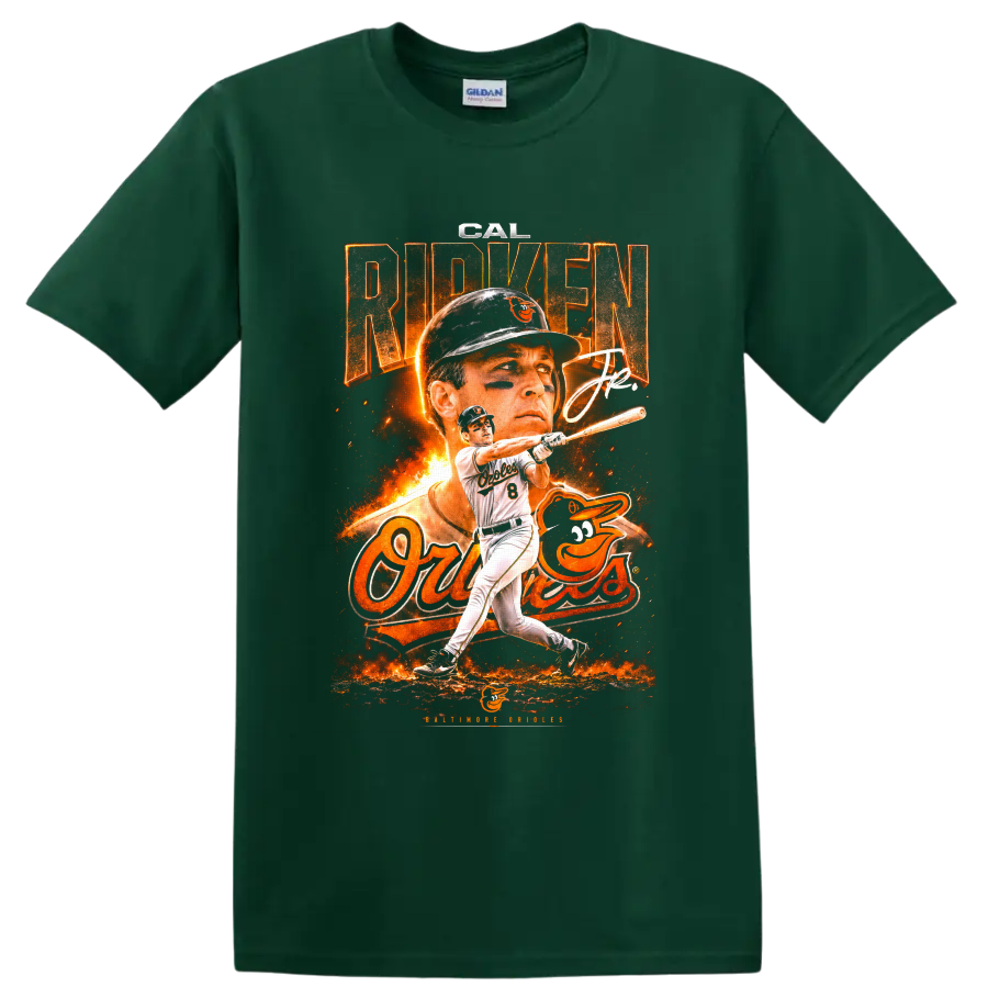 Cal Ripken Jr. Baltimore Orioles fiery vintage-style batting and portrait graphic on a Forest Green T Shirt