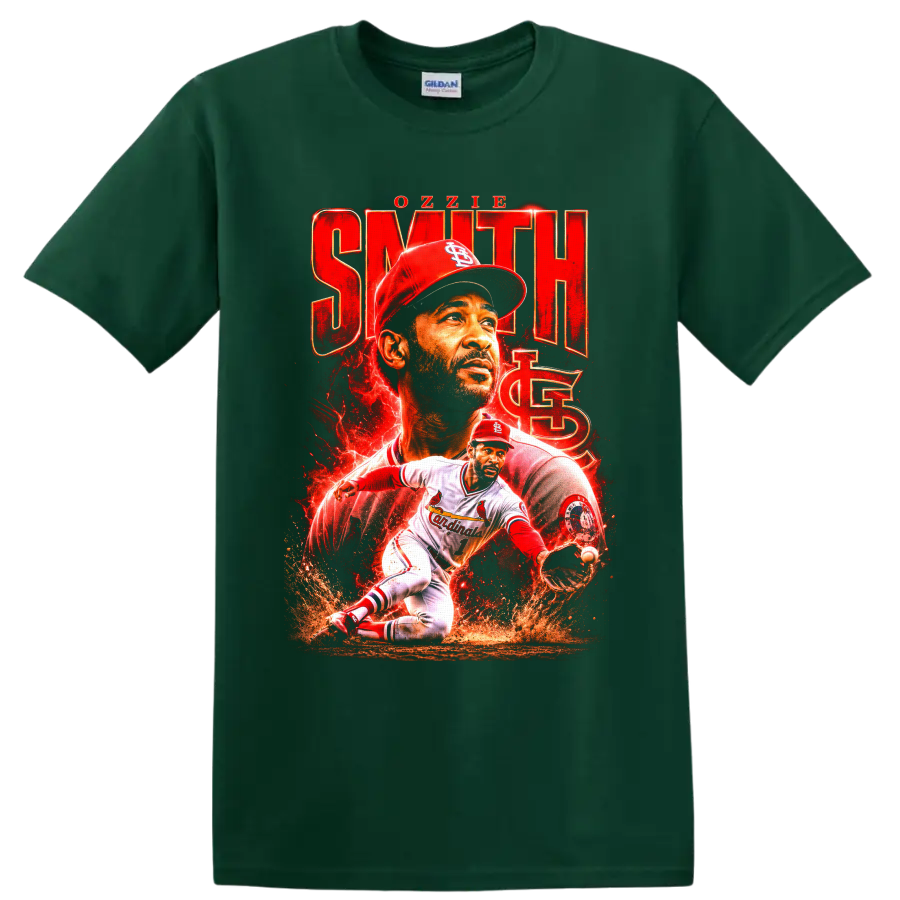 Ozzie Smith St. Louis Cardinals portrait and fielding baseball tribute graphic on a Forest Green T Shirt
