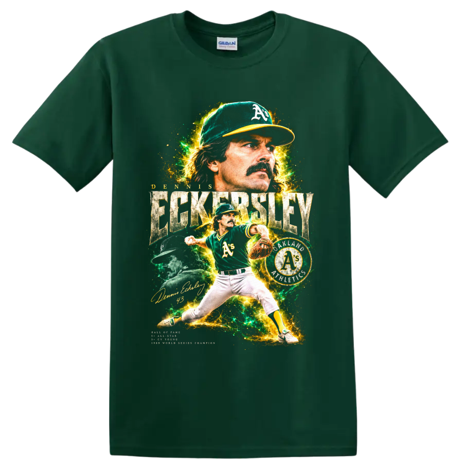 Dennis Eckersley Oakland Athletics pitcher collage with vintage baseball lettering on a Forest Green T Shirt