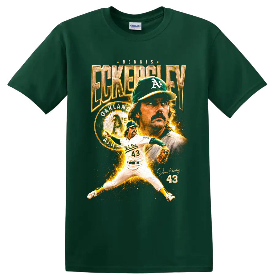 Dennis Eckersley Oakland Athletics number 43 pitcher collage with vintage gold text on a Forest Green T Shirt