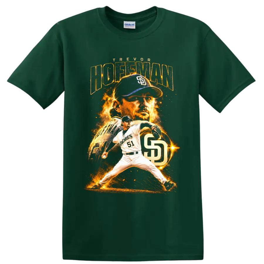 Trevor Hoffman Padres number 51 pitching graphic with fiery portrait and SD monogram on a Forest Green T Shirt