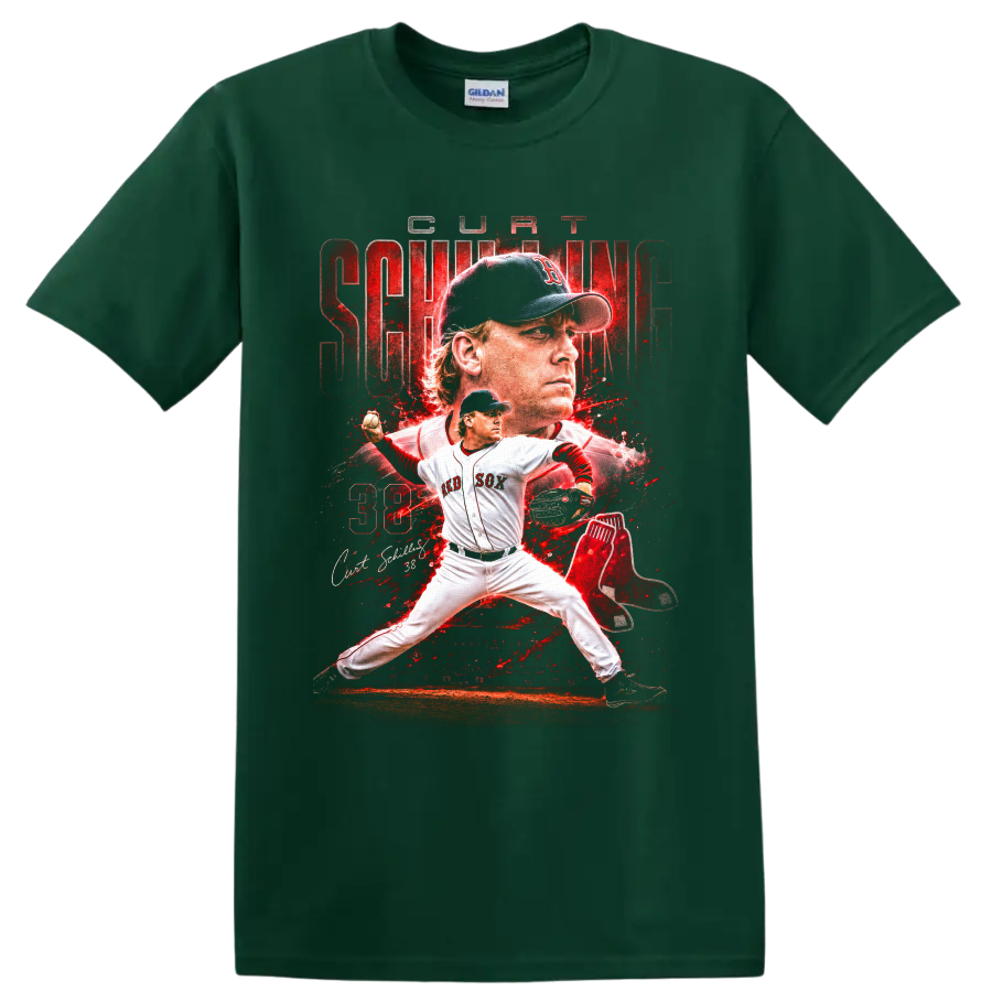 Curt Schilling Red Sox pitcher collage with number 38 and distressed red sports art on a Forest Green T Shirt