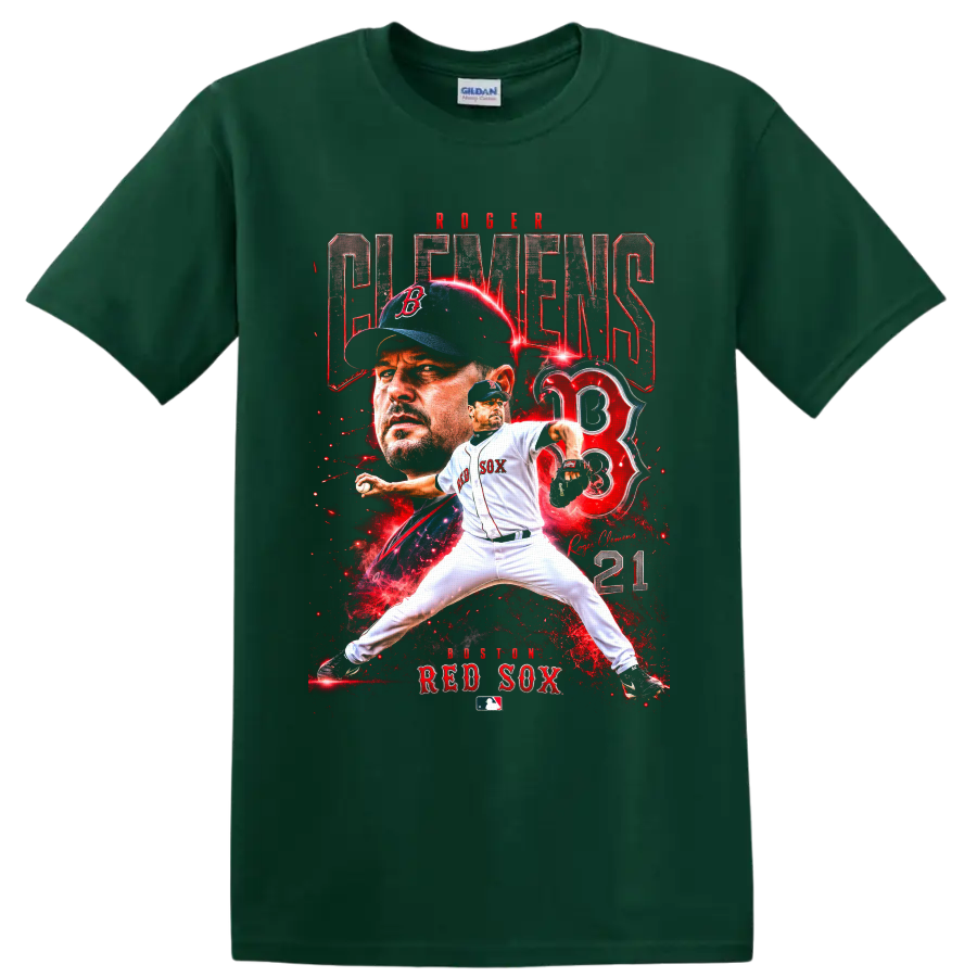 Roger Clemens Boston Red Sox pitcher collage with number 21 and red lightning on a Forest Green T Shirt