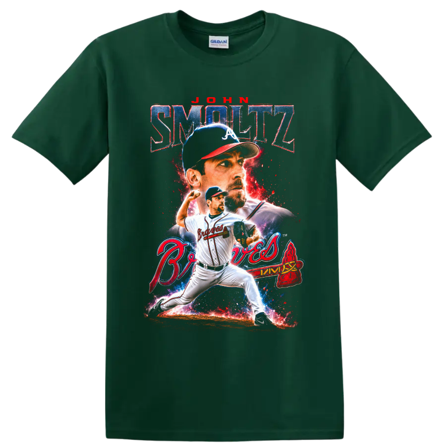 John Smoltz Atlanta Braves pitcher retro cosmic portrait and action graphic on a Forest Green T Shirt