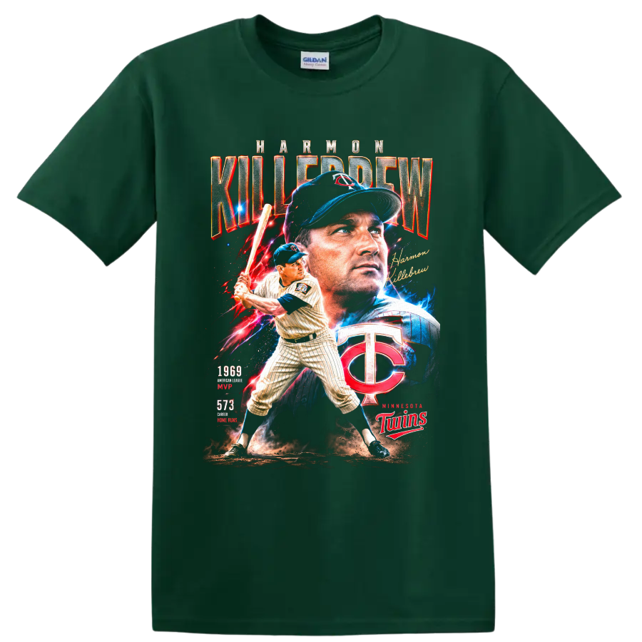 Harmon Killebrew Minnesota Twins vintage baseball collage with 1969 MVP and 573 home runs on a Forest Green T Shirt