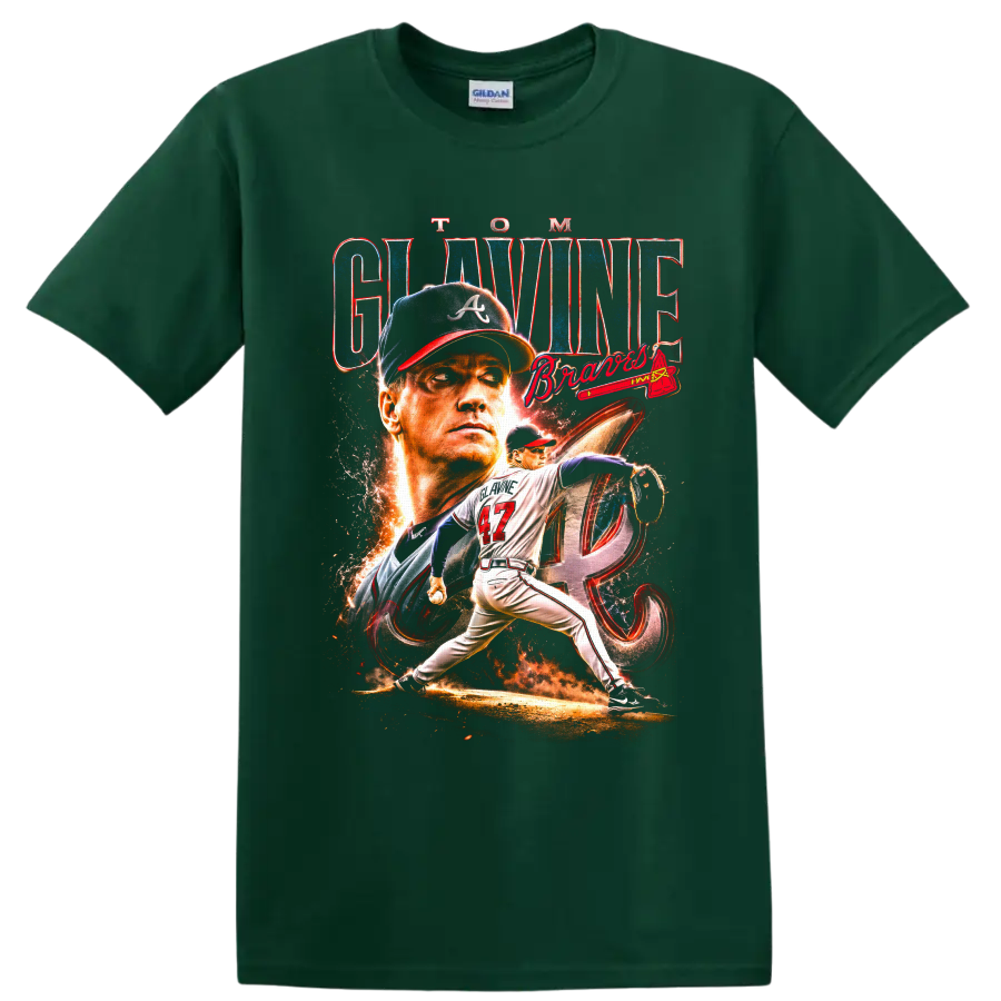 Tom Glavine Atlanta Braves pitcher portrait and number 47 action graphic on a Forest Green T Shirt
