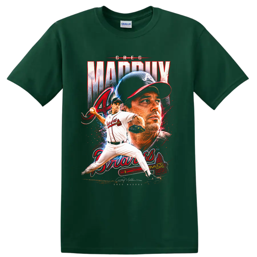 Greg Maddux Atlanta Braves pitcher portrait and pitching graphic with distressed lettering on a Forest Green T Shirt