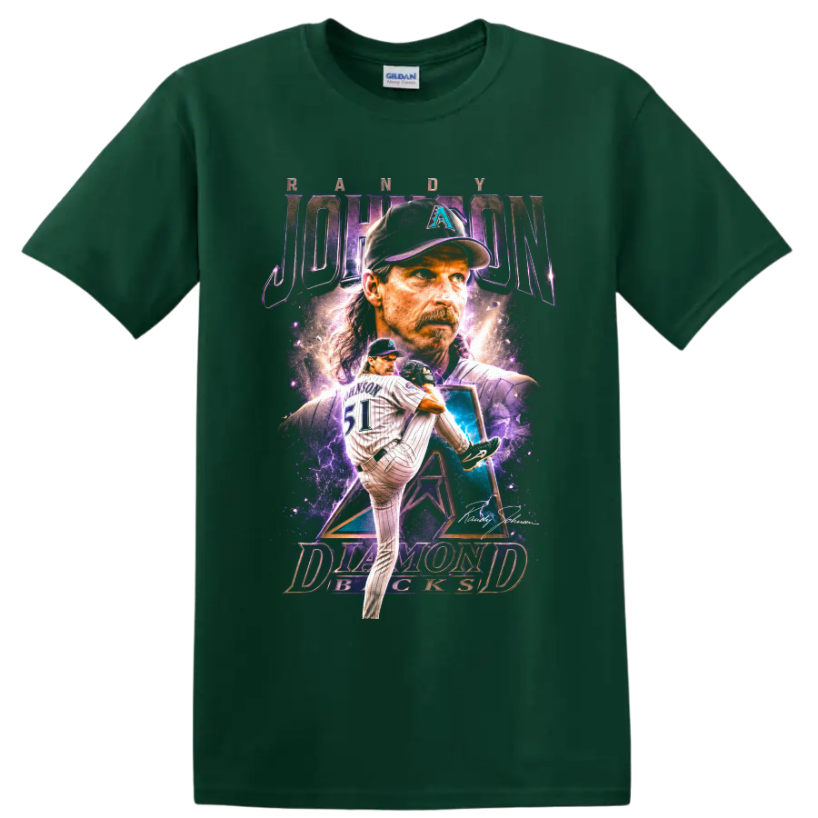Randy Johnson Arizona Diamondbacks pitcher portrait and number 51 action graphic on a Forest Green T Shirt