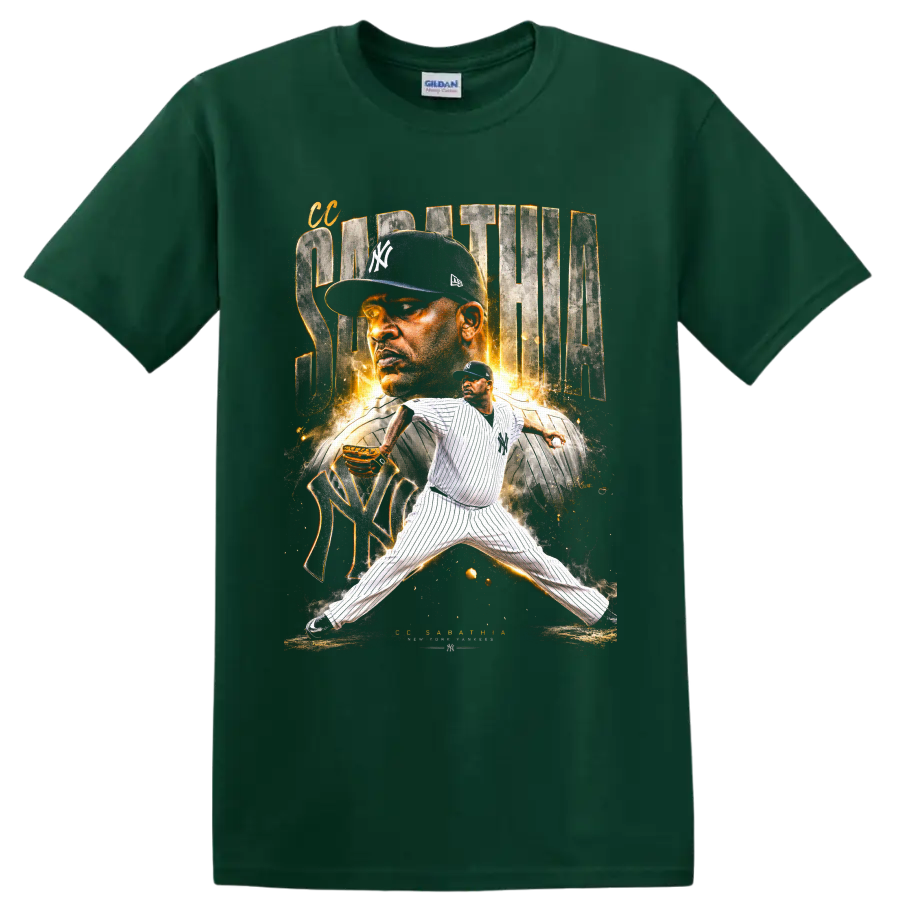 CC Sabathia New York Yankees pitcher graphic with portrait, pinstripes, and gold sparks on a Forest Green T Shirt