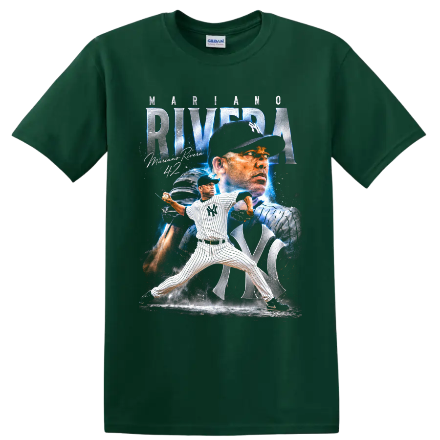 Mariano Rivera New York Yankees pitcher collage with No. 42 and electric blue accents on a Forest Green T Shirt