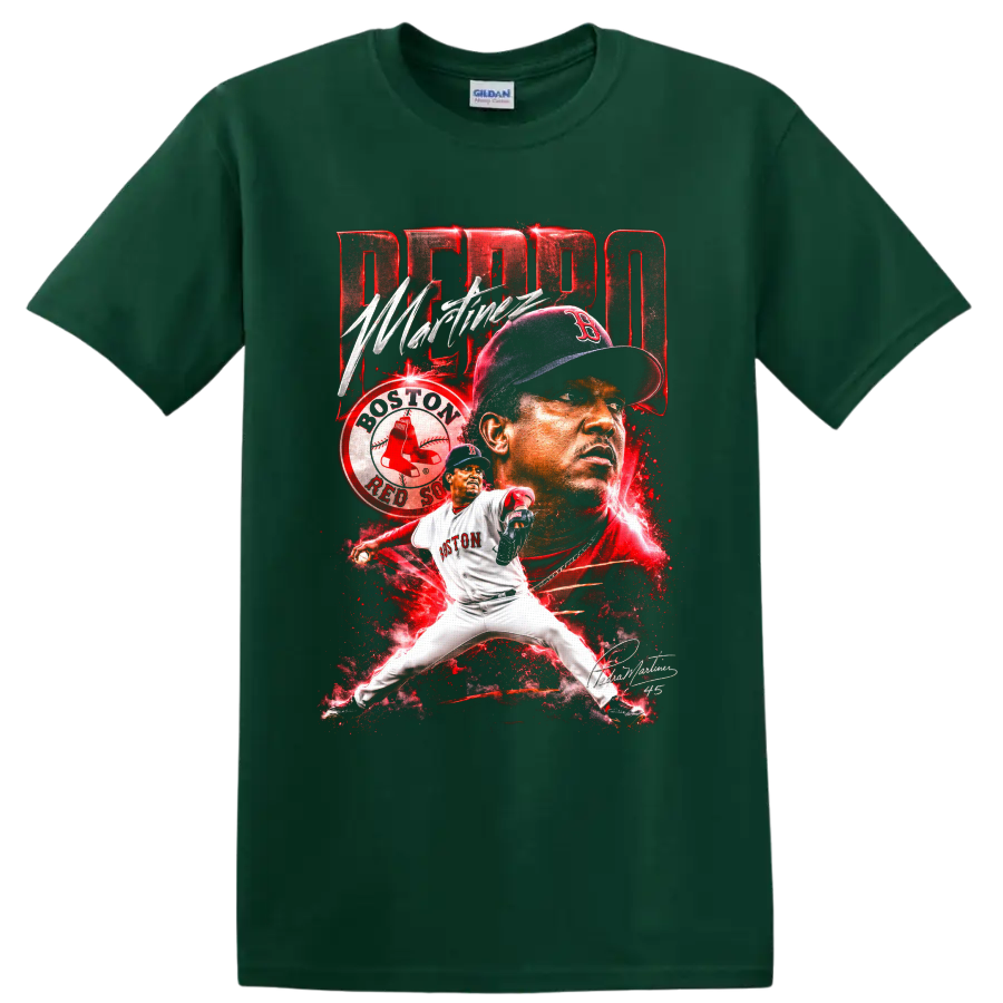 Pedro Martínez Boston Red Sox pitcher portrait and action baseball collage on a Forest Green T Shirt