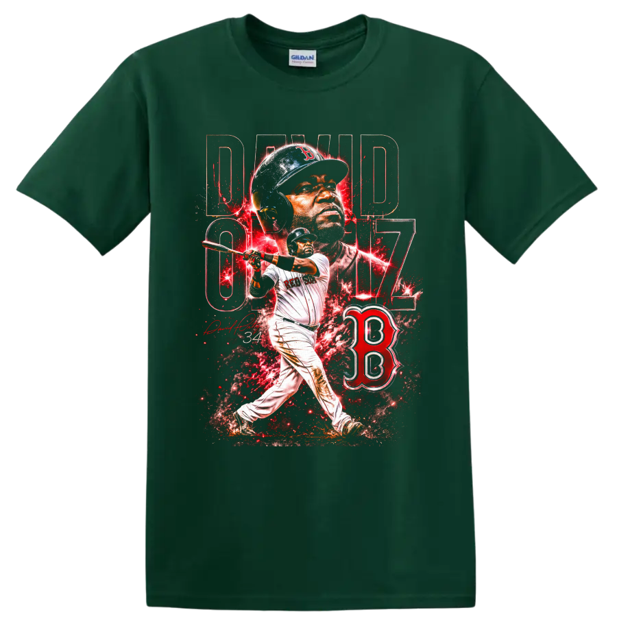 David Ortiz Big Papi 34 Boston Red Sox batting portrait and splatter graphic on a Forest Green T Shirt