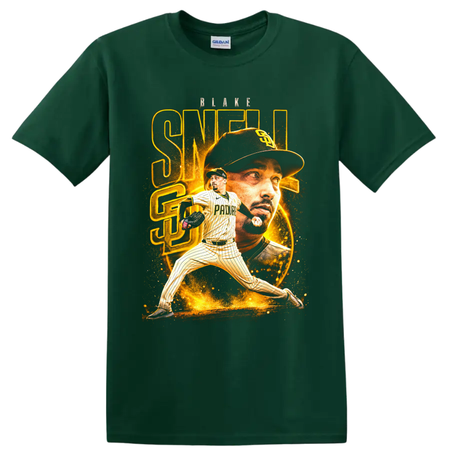 Blake Snell Padres pitcher portrait and action graphic with gold BLAKE SNELL text on a Forest Green T Shirt