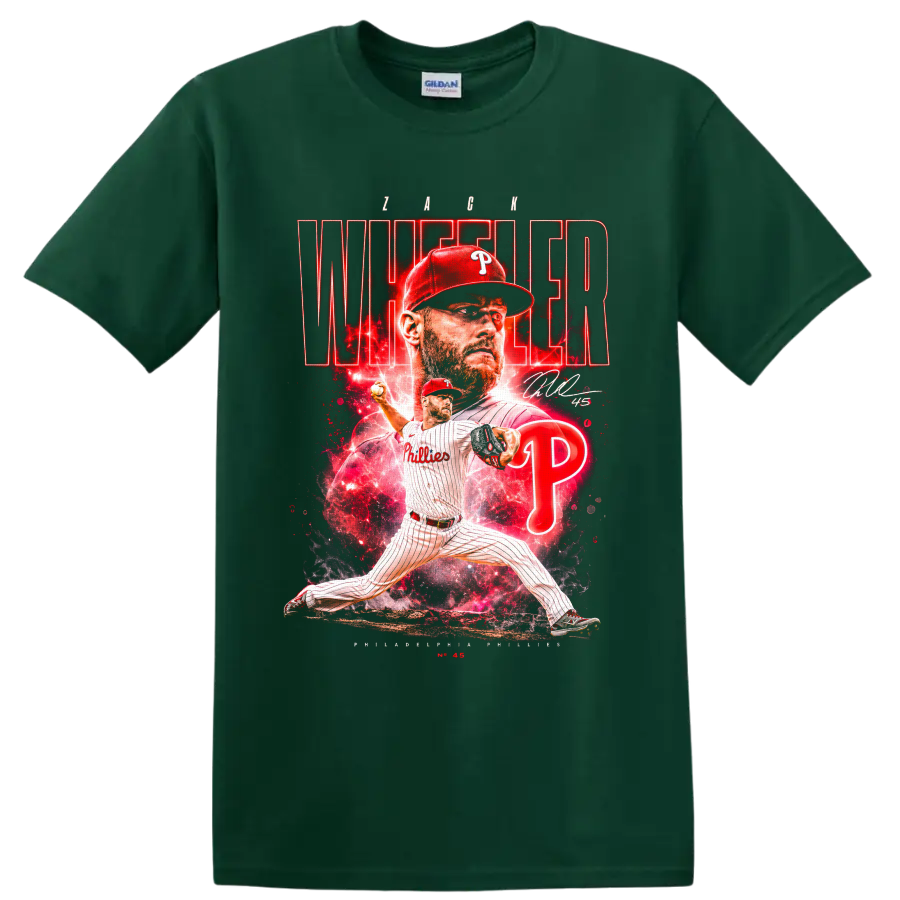 Zack Wheeler Phillies pitching collage with red neon Wheeler lettering and number 45 on a Forest Green T Shirt