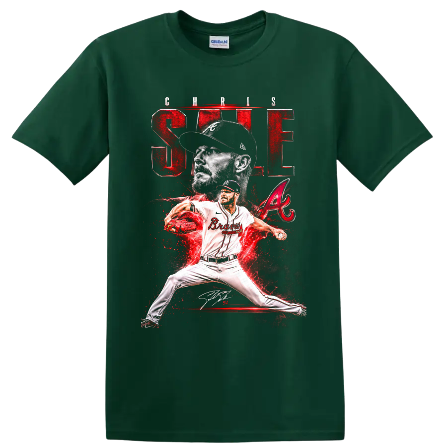 Chris Sale Atlanta Braves pitcher graphic with portrait, pitching pose, and red lightning on a Forest Green T Shirt
