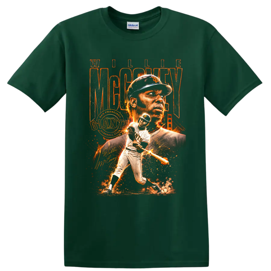 Willie McCovey San Francisco Giants baseball collage with batting action and Golden Gate on a Forest Green T Shirt