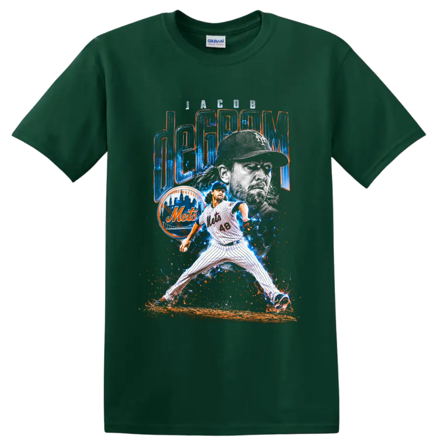 Jacob deGrom Mets pitcher collage with electric blue energy and deGrom lettering on a Forest Green T Shirt