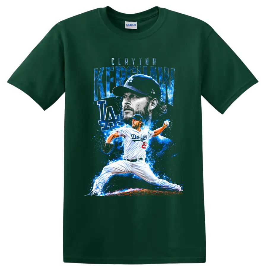 Clayton Kershaw Dodgers pitcher portrait and pitching action in electric blue art on a Forest Green T Shirt