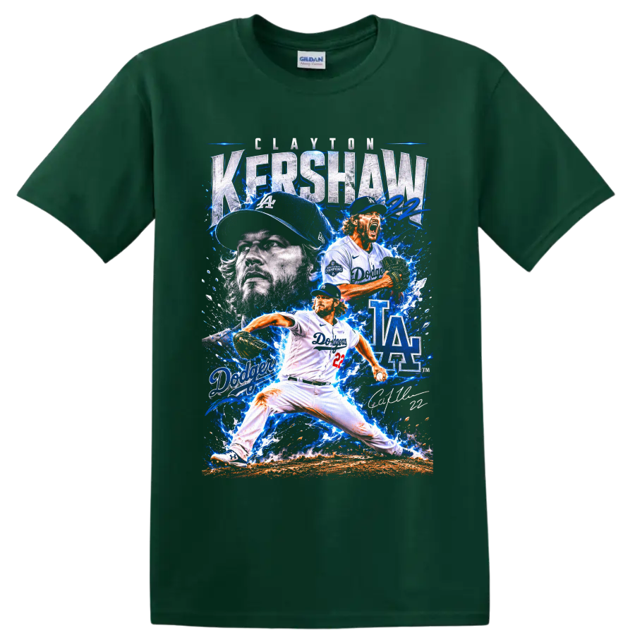 Clayton Kershaw Dodgers pitcher collage with LA graphics, number 22, and blue splashes on a Forest Green T Shirt