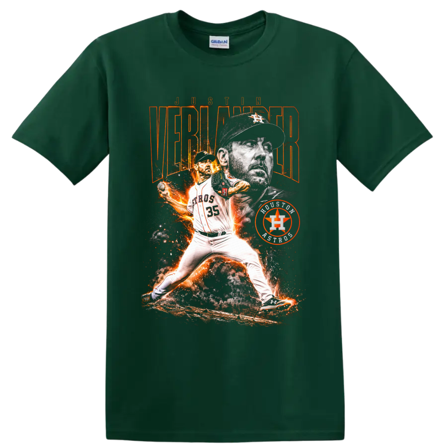 Justin Verlander Houston Astros pitcher collage with fiery action art and number 35 on a Forest Green T Shirt