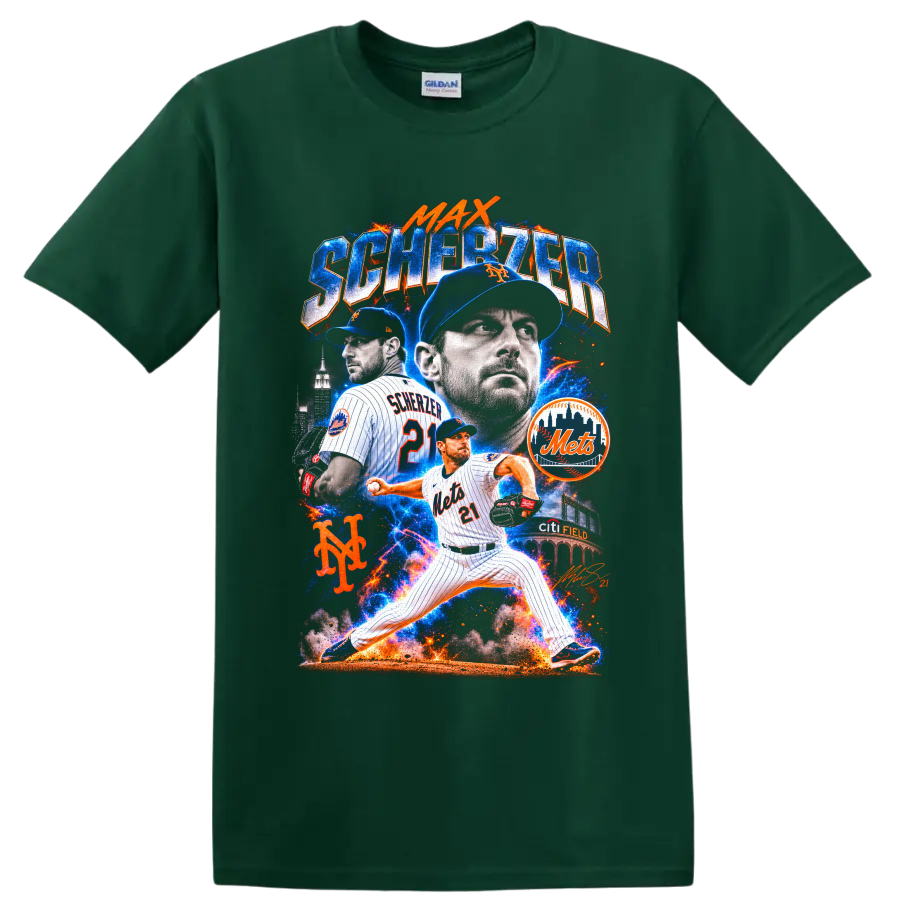 Max Scherzer New York Mets pitcher collage with Citi Field and electric baseball effects on a Forest Green T Shirt
