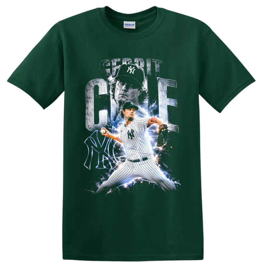Gerrit Cole New York Yankees pitcher lightning graphic with bold name lettering on a Forest Green T Shirt