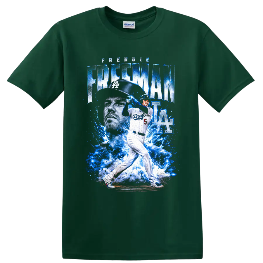 Freddie Freeman Dodgers batting graphic with blue lightning, portrait, and number 5 on a Forest Green T Shirt