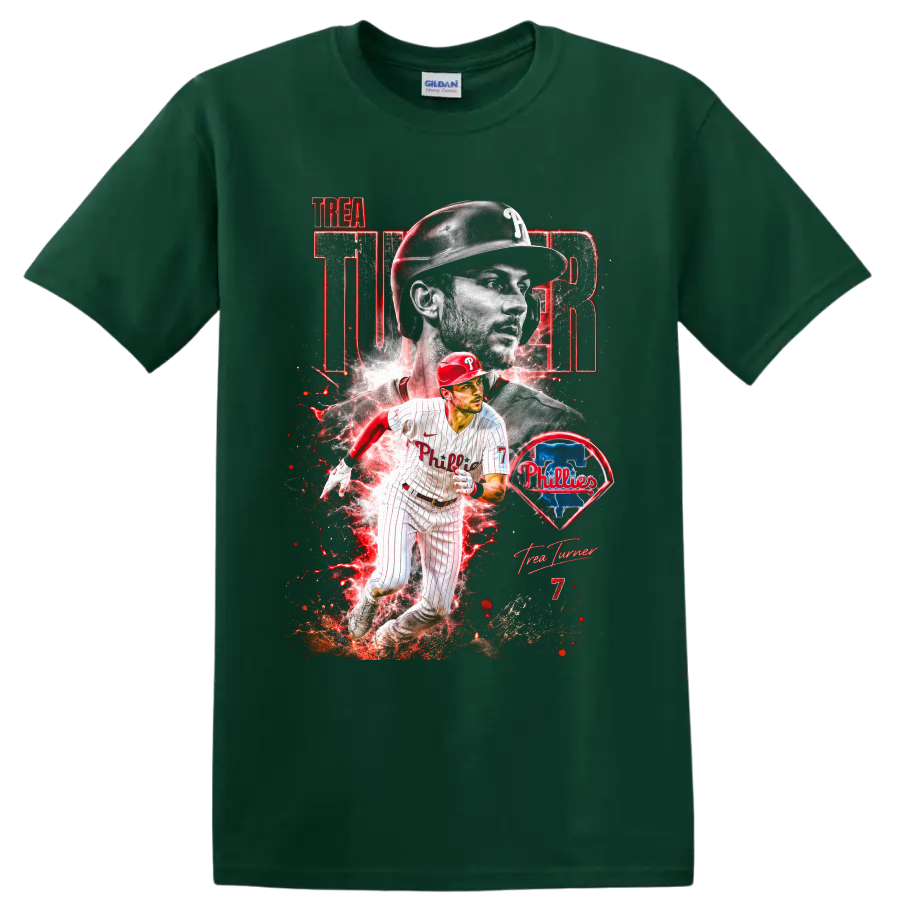 Trea Turner Phillies action collage with red energy effects, team emblem, and number 7 on a Forest Green T Shirt