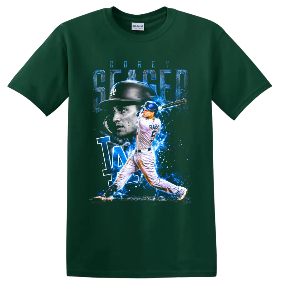 Corey Seager Los Angeles Dodgers batting collage with LA monogram and electric blue on a Forest Green T Shirt