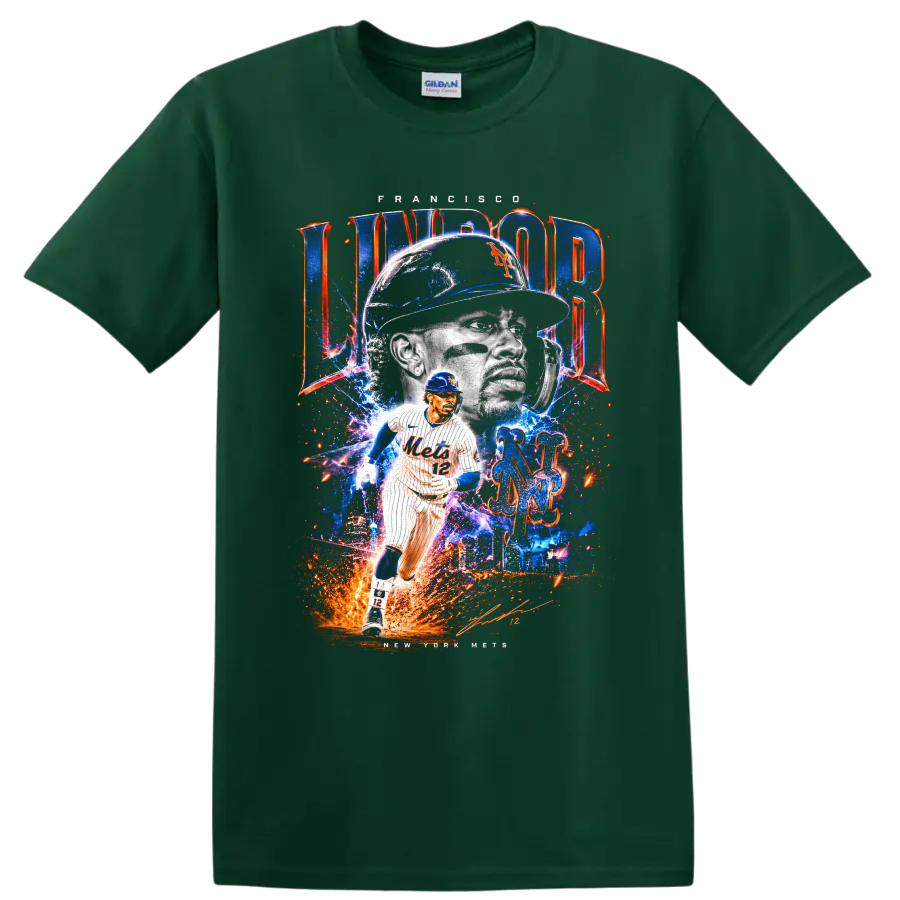 High-energy Francisco Lindor New York Mets portrait and action graphic with number 12 on a Forest Green T Shirt