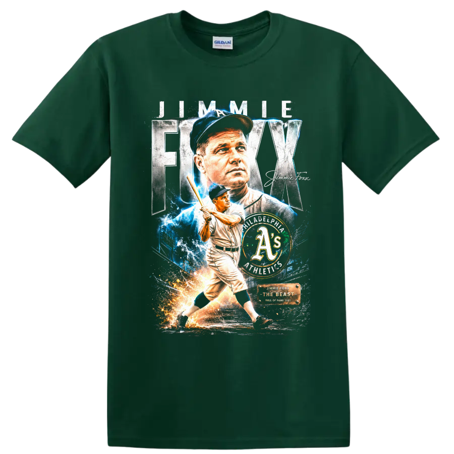 Jimmie Foxx Philadelphia Athletics vintage portrait and batting tribute graphic on a Forest Green T Shirt