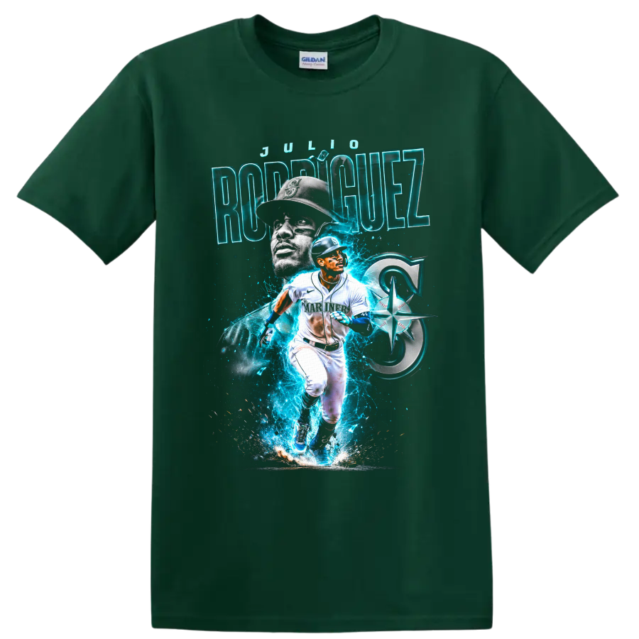 Julio Rodríguez Seattle Mariners neon action baseball portrait graphic on a Forest Green T Shirt