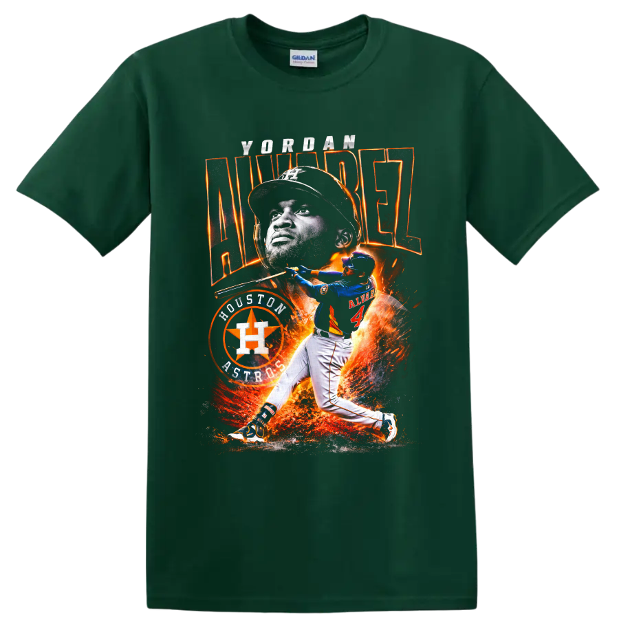 Yordan Alvarez Houston Astros fiery baseball portrait and batting graphic on a Forest Green T Shirt