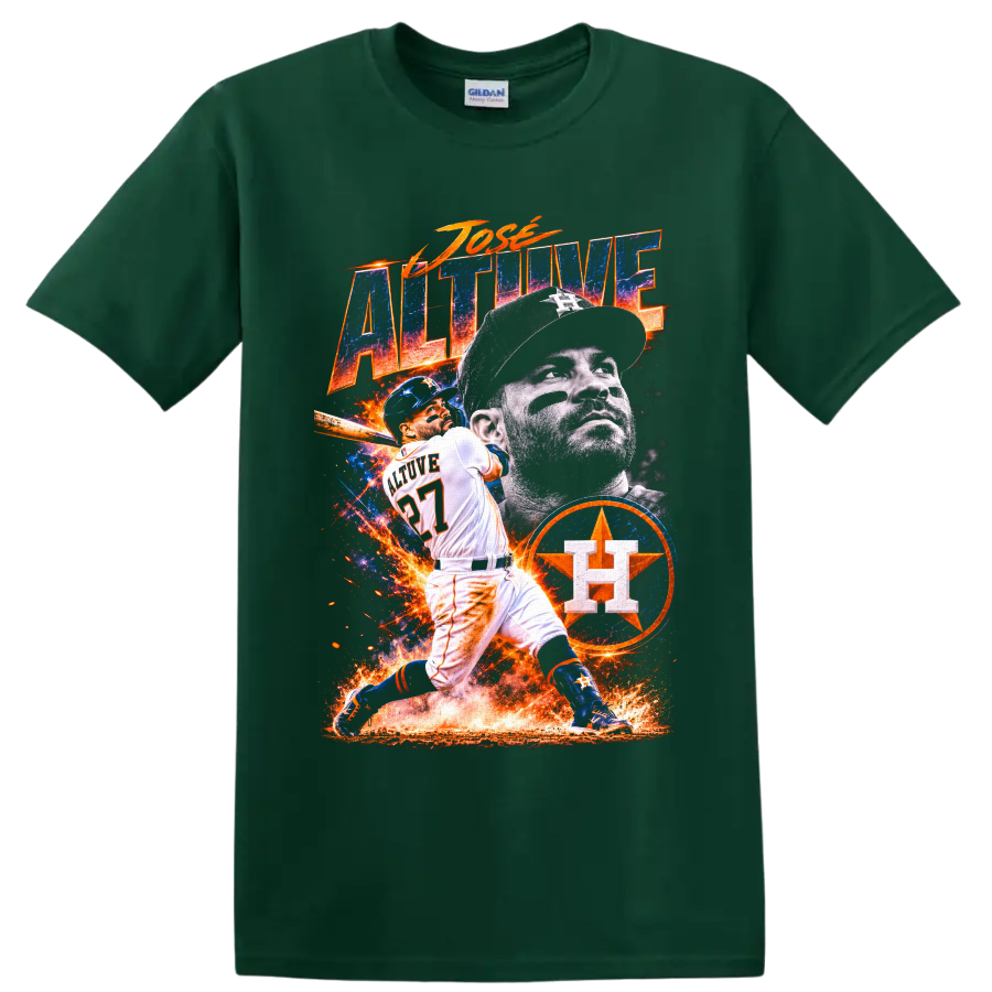 Jose Altuve Houston Astros fiery blue and orange baseball action collage on a Forest Green T Shirt