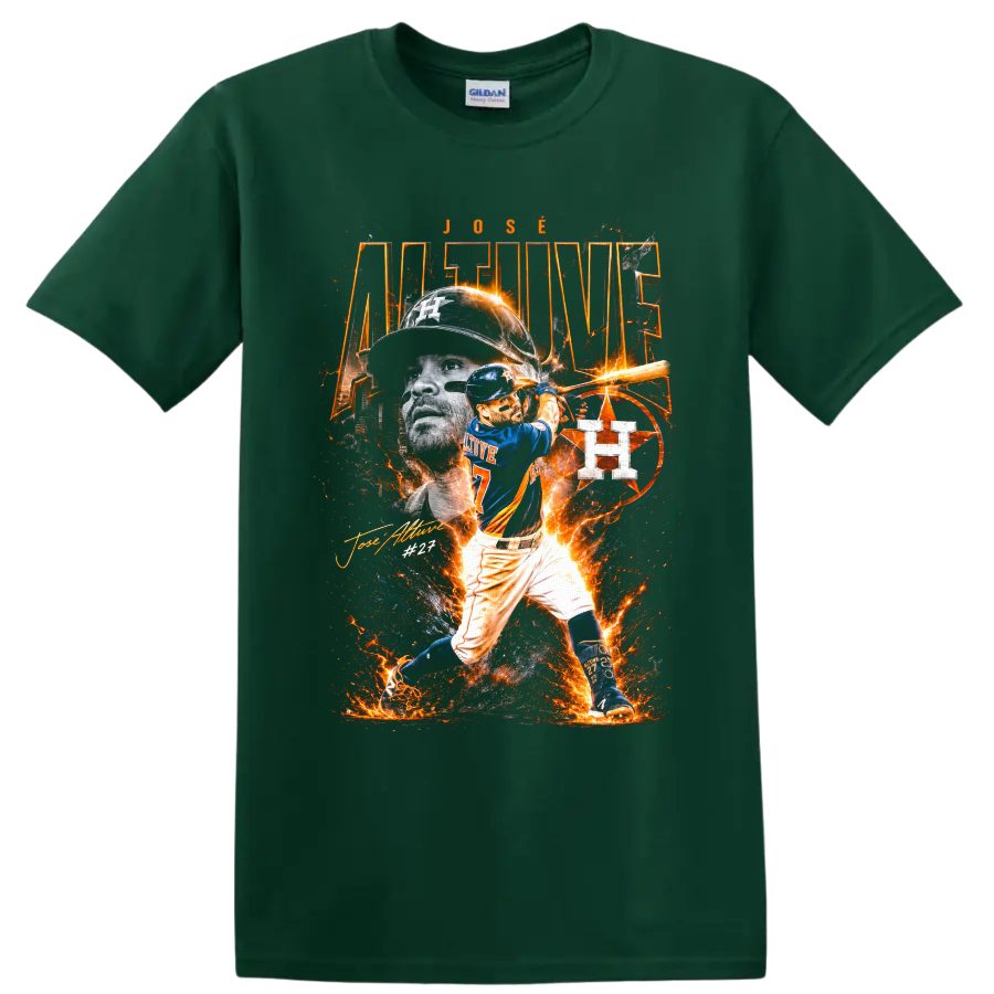 Jose Altuve Houston Astros No. 27 fiery baseball batting collage on a Forest Green T Shirt