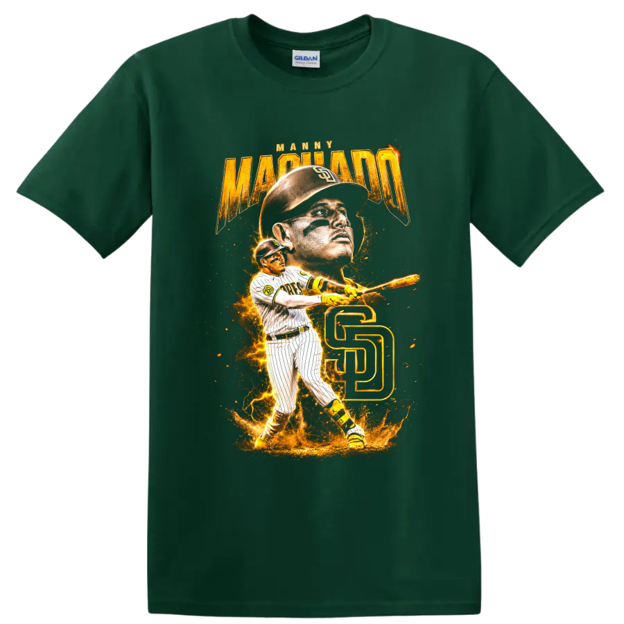Manny Machado Padres portrait and batting graphic with gold SD monogram on a Forest Green T Shirt
