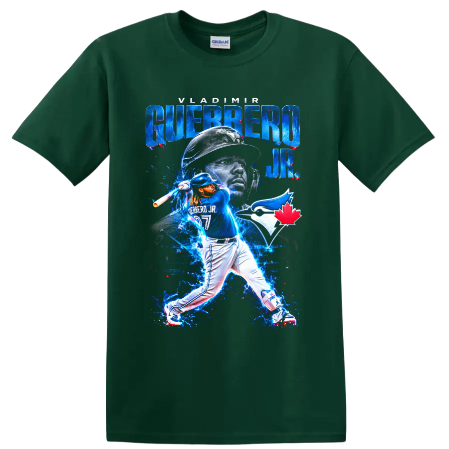 Vladimir Guerrero Jr. Blue Jays batting collage with electric blue effects and team logo on a Forest Green T Shirt