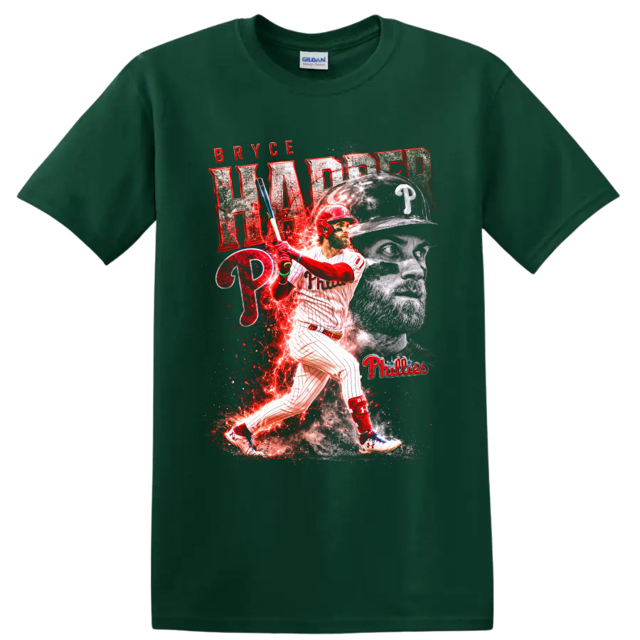 Bryce Harper Phillies batting graphic with portrait, team logos, and red lightning effects on a Forest Green T Shirt