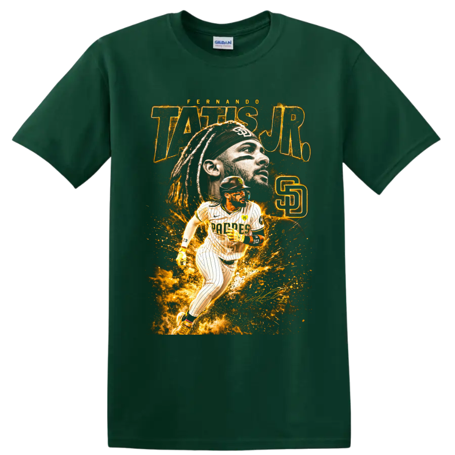 Fernando Tatis Jr. San Diego Padres portrait and action baseball graphic on a Forest Green T Shirt