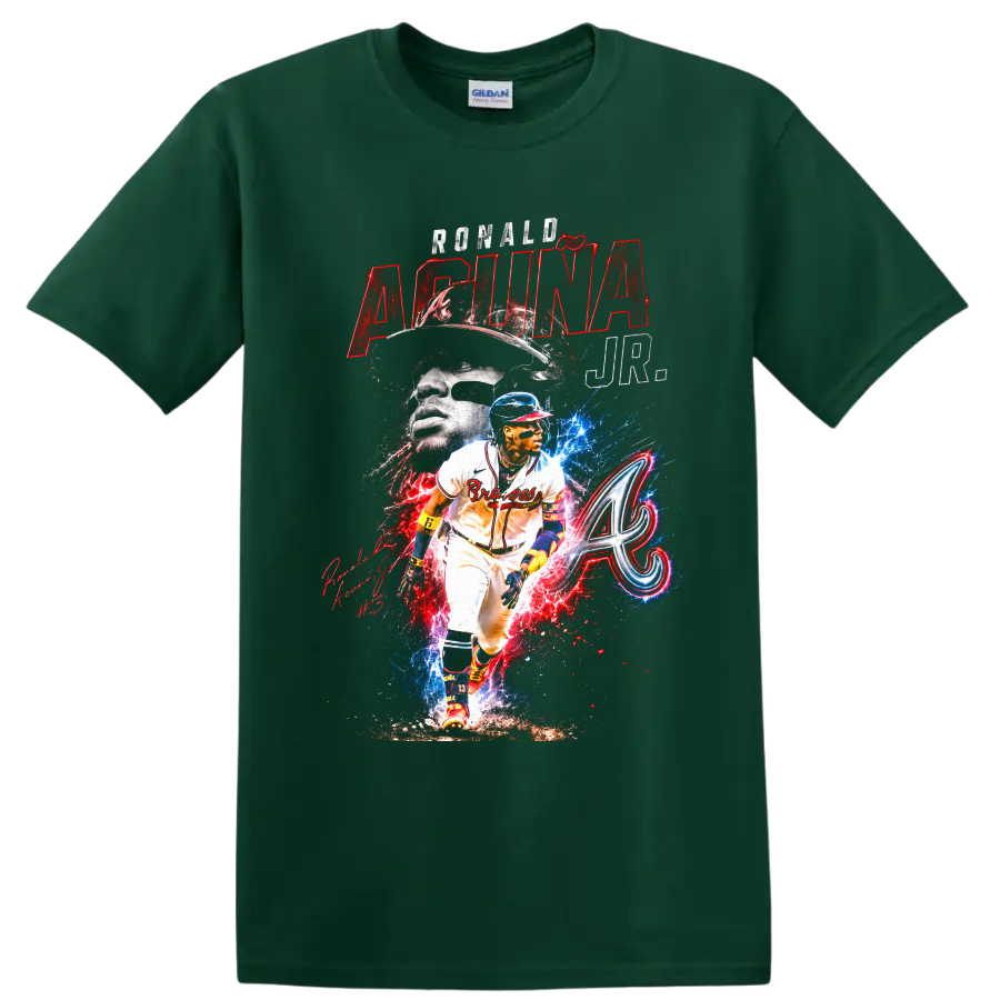 Ronald Acuña Jr. Atlanta Braves action and portrait collage with Braves A emblem on a Forest Green T Shirt