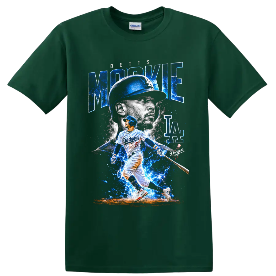 Mookie Betts Dodgers batting graphic with blue lightning, portrait, and LA lettering on a Forest Green T Shirt